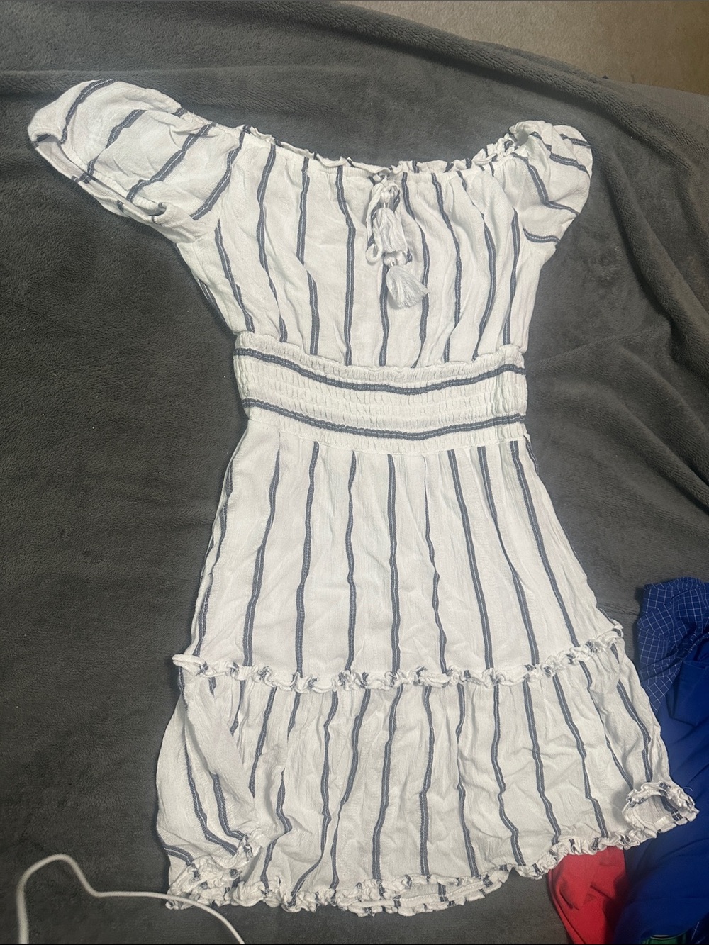 American Eagle Outfitters White and Navy Striped Off-Shoulder Dress